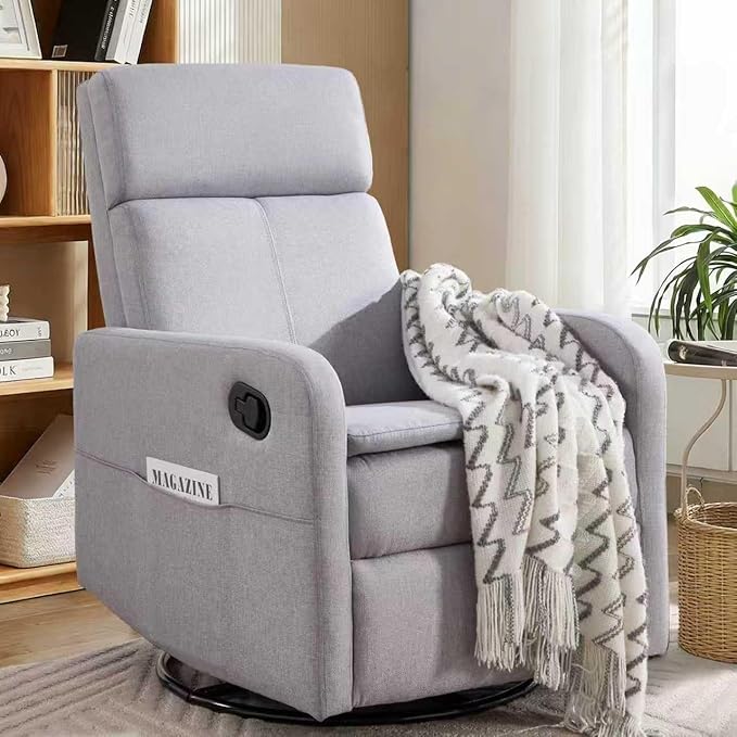 Swivel Rocking Recliner Chair for Adults Upholstered Fabric Glider Recliner Reclining Chair with Side Pockets and Double-Thick Cushion for Living Room Bedroom Nursery(LightGrey)