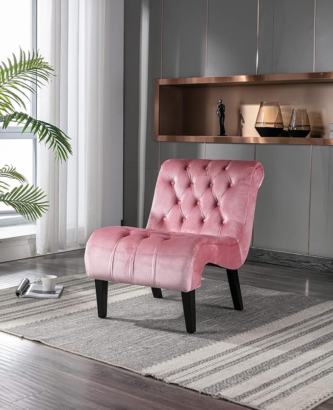KINFFICT Velvet Accent Lounge Chair for Living Room Modern Leisure Chair with Tufted Backrest Indoor Armless Side Chair Upholstered Bedroom Sleeper Chairs with Solid Wood Legs