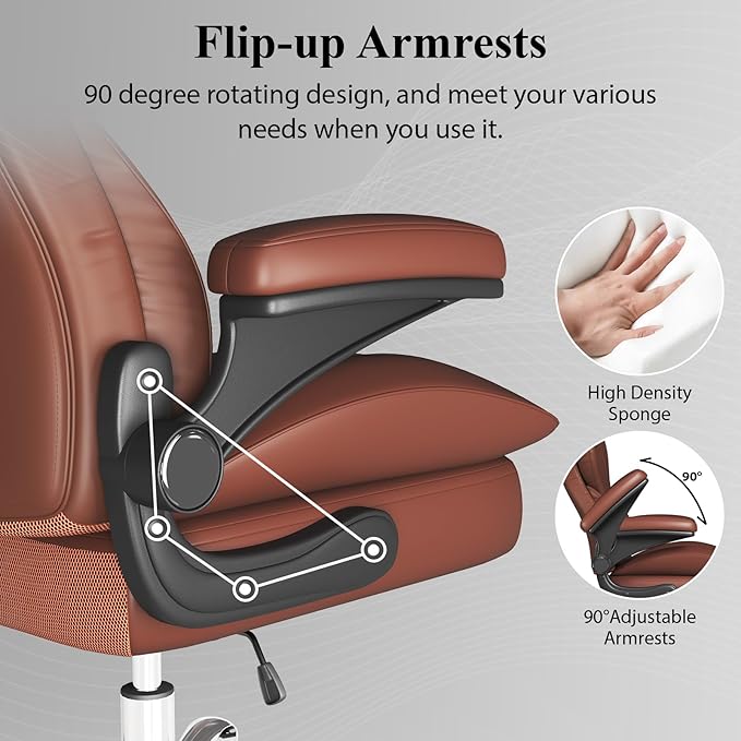 Office Desk Chair Executive Leather Office Chair High Back Ergonomic Home Desk Chair with Padded Flip-up Arms Big and Tall Computer Chair with Rocking Function 360°Swivel Free Light Brown
