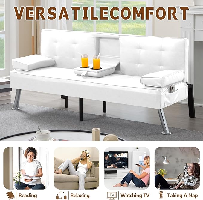Anwick Convertible Folding Futon Sofa BedModern PU Leather Sleeper Love Seat with 3 Reclining Backrest &amp Cup Holders67 Comfy Sofa Couches for Living Room Small Home Office (White)