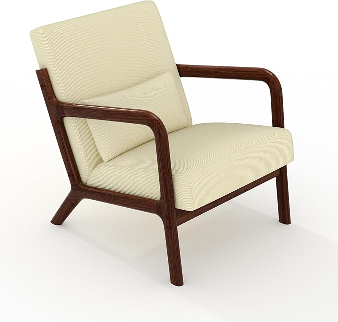 Garvee Mid-Century Modern Accent Chair Fine Wale Corduroy Upholstery Solid Wood Armchair with Removable Lumbar Pillow Sturdy Reading Chair for Living Room Bedroom Guest Room Easy Assembly Beige
