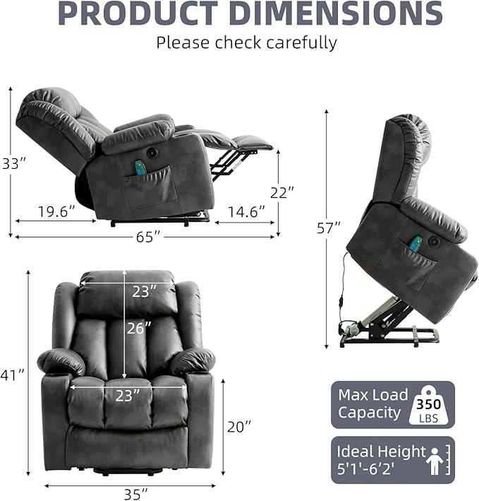 Power Lift Recliner Chair for Elderly Electric Recliner Chairs for Adults with Massage and Heat Cup Holders Remote Control USB Ports Side Pockets Leather (Aluminum Gray)