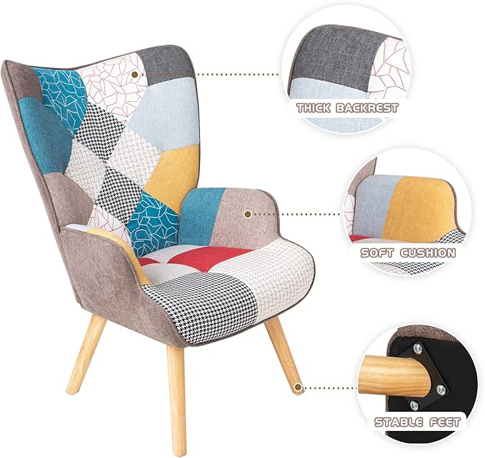 Accent Chair with Ottoman Living Room Chair and Ottoman Set Comfy Side Armchair for Bedroom Creative Splicing Cloth