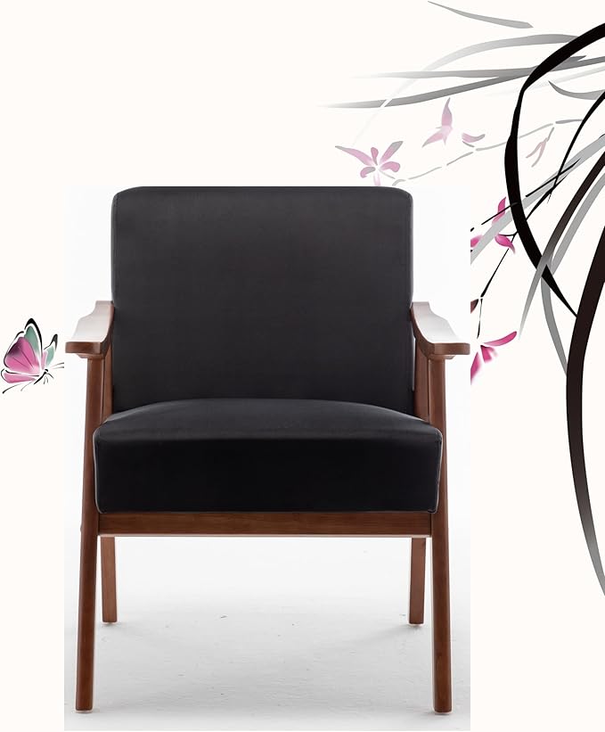 Mid Century Modern Accent Chairs with Arms Portable Rustic Solid Wood Home Chair Comfortable Chairs for Living Room Extra Seating Modern Accent Chair for Bedroom OfficeBlack-Velvet
