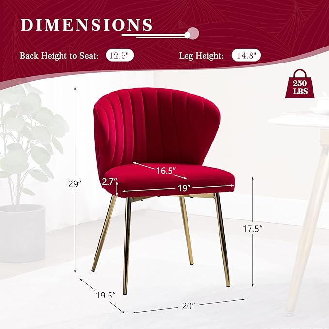 HULALA HOME Velvet Dining Chair Cute Armless Accent Chair Living Room Chair with Golden Legs Mid Century Modern Upholstered Side Chair for Kitchen Vanity RED