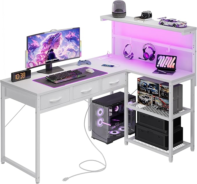 Grandder 50 Inch L Shaped Gaming Desk with 3 Drawers &amp Storage Shelves &amp Hutch Computer Desk with USB Ports Study Writing Table for Bedroom Simple Modern Laptop Desk for Home Office White