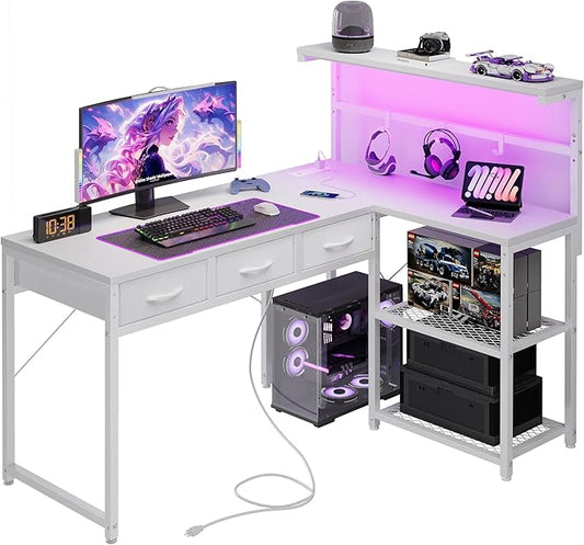 Grandder 50 Inch L Shaped Gaming Desk with 3 Drawers &amp Storage Shelves &amp Hutch Computer Desk with USB Ports Study Writing Table for Bedroom Simple Modern Laptop Desk for Home Office White