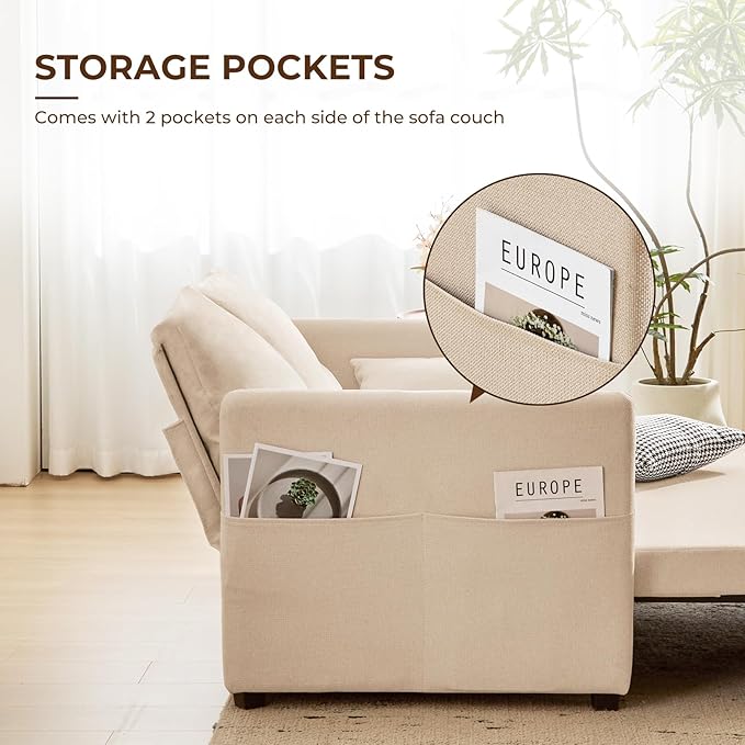 Furnimart 62 Queen Sleeper Sofa 3 in 1 Convertible Loveseat Sleeper Pull Out Sofa Bed with 6-Position Adjustable Backrest Modern Futon Couch for Living Room Apartment RV Linen Beige