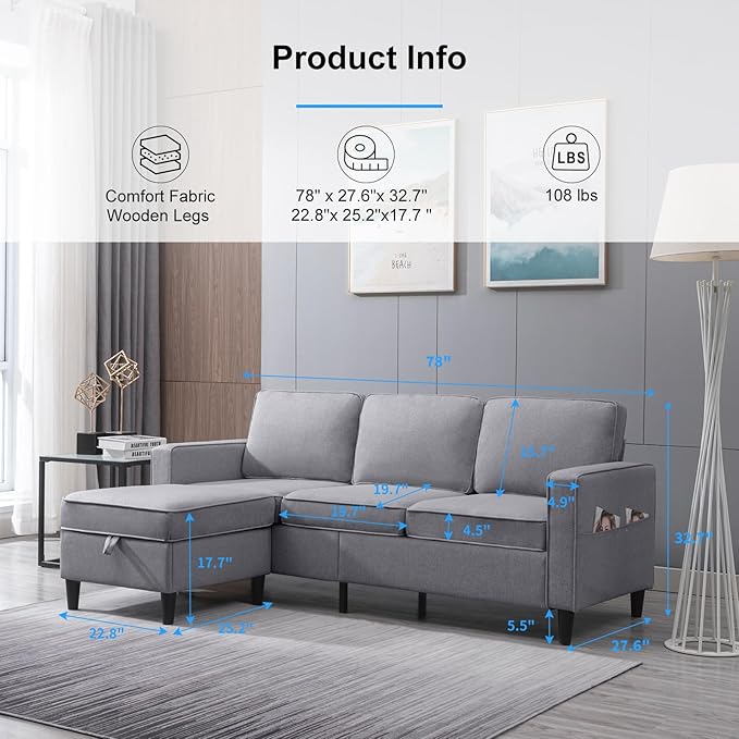 PUREMIND 2 Piece Living Room Sofa Set Modern L Shaped Sectional Sofa and Chair Sets Linen 3 Seater Couch with Storage Ottoman + Single Chair Furniture Couch Sets for Living Room Apartment