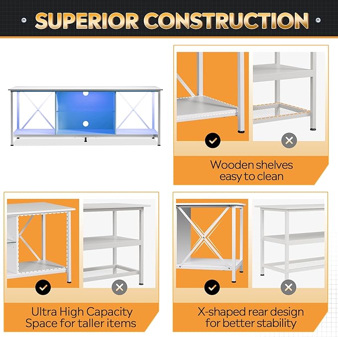 WLIVE Industrial TV Stand with LED Lights for Up to 65 TVs Waterproof &amp Scratch-Resistant Adjustable Shelves Modern Entertainment Center for Living Room White