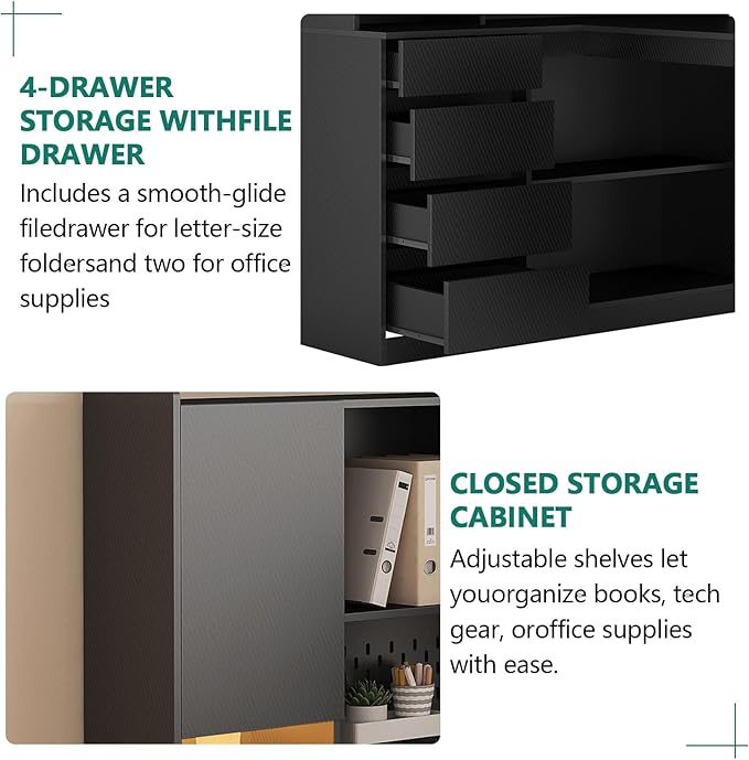 Anwick L Shaped Desk with Hutch Corner Computer Desk with Charging Station &amp Bookshelf &amp File Drawer Standing L Shape Desks for Home Office Bedroom Gaming Room Study Room (Black)