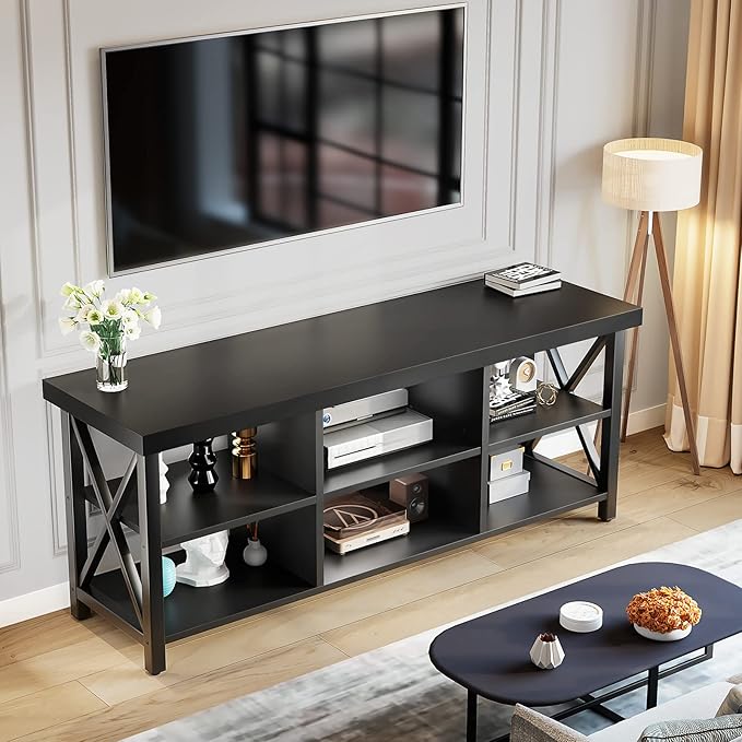 GreenForest TV Stand for TV up to 65 inches Entertainment Center with 6 Storage Cabinet for Living Room 55 inch Farmhouse Television Stands Console Table Industrial TV stands for Living Room Black