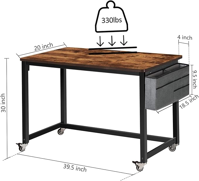 AHB Rolling Computer Desk with 4 Smooth Wheels Simple Style Mobile Writing Desk Home Office Study Table Movable Workstation with Metal Frame (Brown 39'')