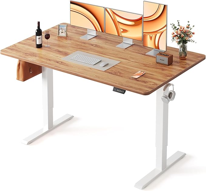 FEZIBO Standing Desk 63×28 Inches Electric Height Adjustable Sit Stand Up Computer Office Desk with Splice Board White Frame/Light Rustic TOP