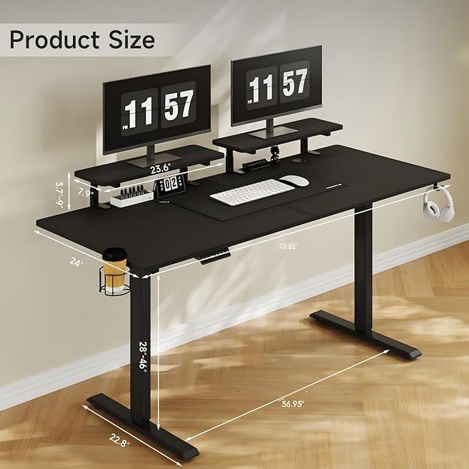 71 x 24 Inches Electric Standing Desk with 2 Monitor Shelves Adjustable Computer Desk from 28-46'' Sit to Stand UpHome Office Desk with Memory Controlller for Workstations Black