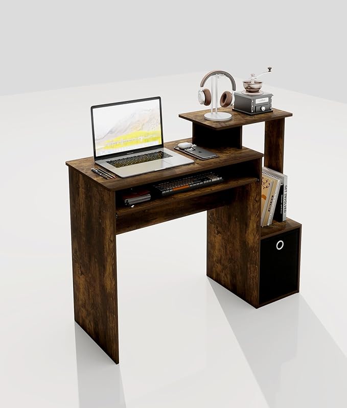 Small Computer Desk with Drawers Wood Writing Desk with Storage Shelves for Home Office Bedroom Living Room Walnut/Black