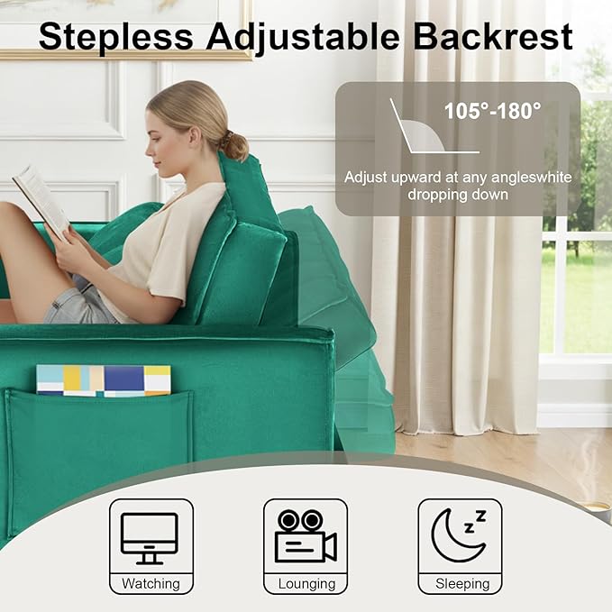 3-in-1 Convertible Sofa Bed 55'' Pull Out Couch Bed with Adjustable Backrest Velvet Fabric Sleeper Loveseat Sofa with Side Pocket Perfect for Living Room Easy Assembly(Green)