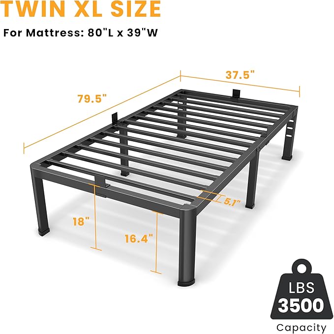 18 Inch Twin XL Size Metal Platform Bed Frame with Round Corners Storage Space Under High Bed Frame-Heavy Duty Steel Slats Support Noise Free - Easy Assembly - No Box Spring Needed