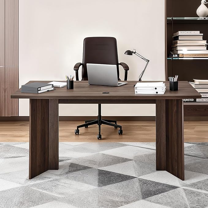 VEVOR 63 in Executive Desk Large Modern Rectangle Office Table Heavy Duty Wooden Executive Table with Cable Connection Hole 250 LBS Load Capacity Easy Assembly for Work Study Writing Walnut