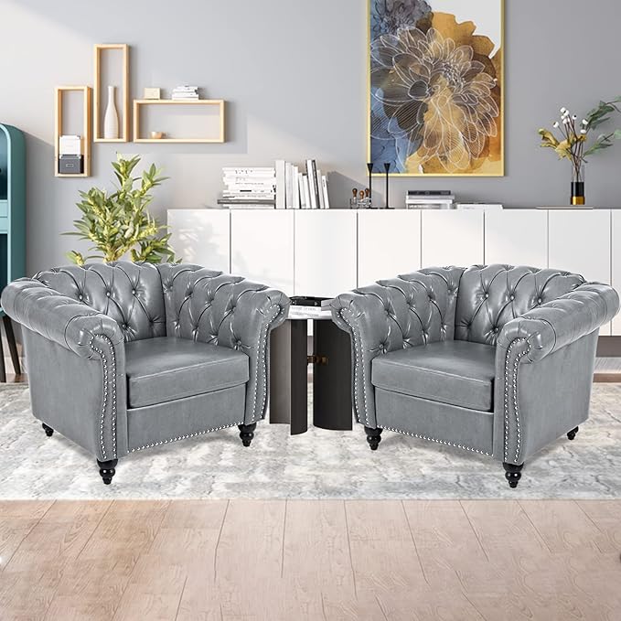 Gray Chesterfield Accent Chair Faux Leather Upholstered Tufted Wingback Club Chair Mid-Century Modern Living Room Chair with Sturdy Wood Frame Comfy Oversized Armchair for Bedroom Office