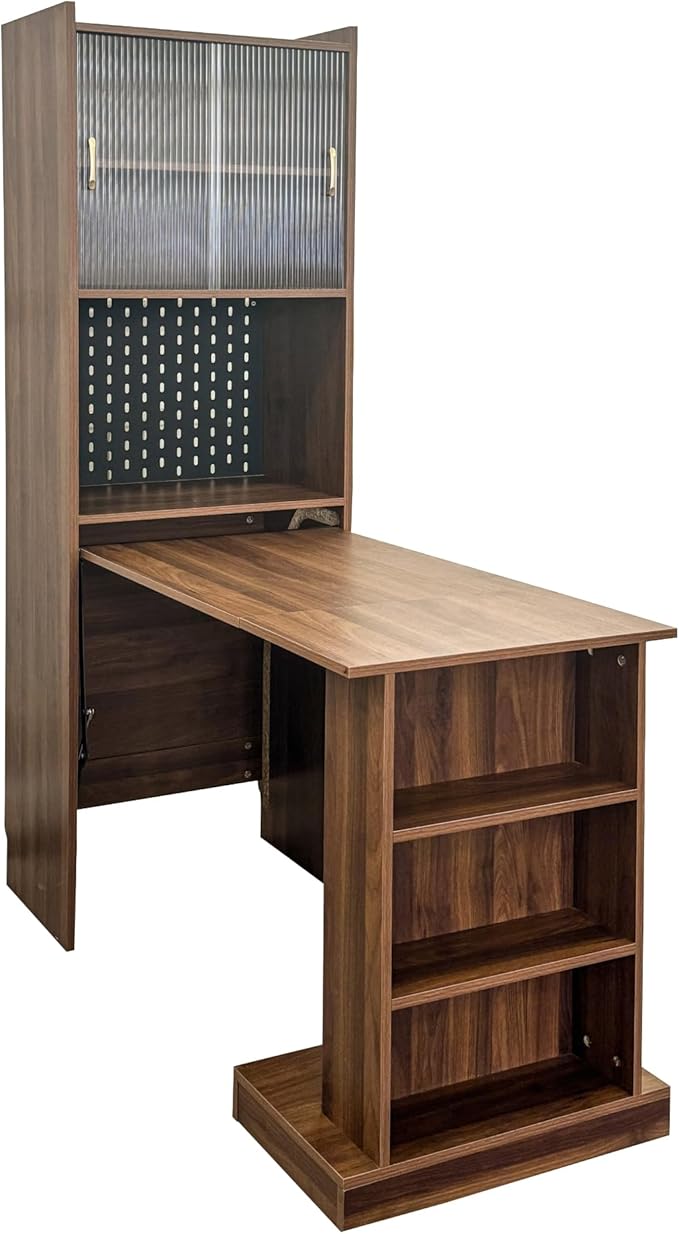 Home Office Computer Desk with Fold Out Desktop Space-Saving L Shaped Corner Folding Desk with Bookshelf Sliding Glass Doors Foldable Wood Table for Work Study Writing Dressing Walnut
