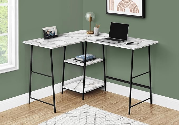 Computer Desk Home Office Corner Storage Shelves 48 l L Shape Work Laptop White Marble Look Laminate Black Metal Contemporary Modern