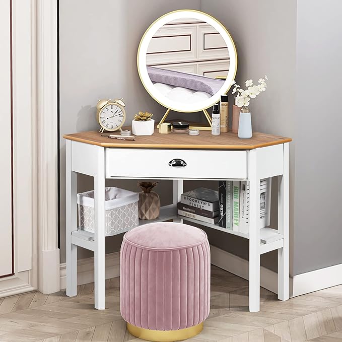 KOTEK Corner Desk with Drawer and Shelves Wooden Home Office Desk Triangle Computer Desk Writing Study Desk Computer Workstation Makeup Vanity Table (Natural &amp White)