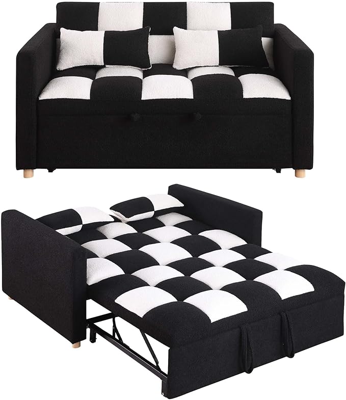 Loveseat Sleeper Sofa Bed Pull Out Couch with Adjustable Backrest and Soft Teddy Fabric Deal for Living Room and Small Spaces Black and White