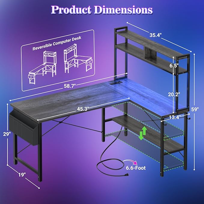 Aheaplus L Shaped Desk Gaming Desk 59 L Shaped Computer Desk with LED Light &amp Power Outlet Reversible Home Office Desk Gamer Desks with Shelves &amp Storage Bag &amp Hooks Corner PC Desk Bl