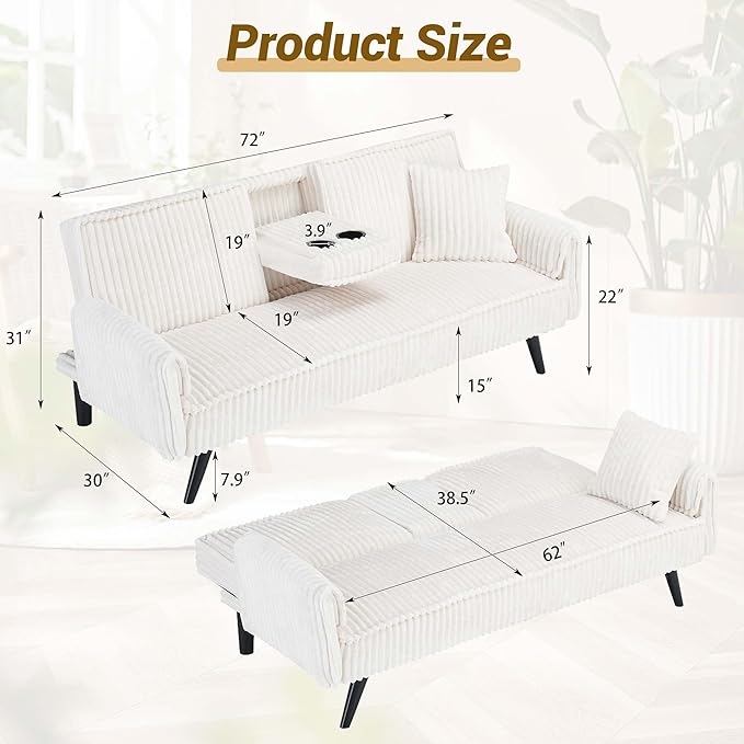 72 Modern Corduroy Sofa Bed FutonConvertible Sleeper Couch Bed with Cup Holder4 Reclining PositionsFolding Sofa Cloud Loveseat for Small Living Room Apartment Office (White)