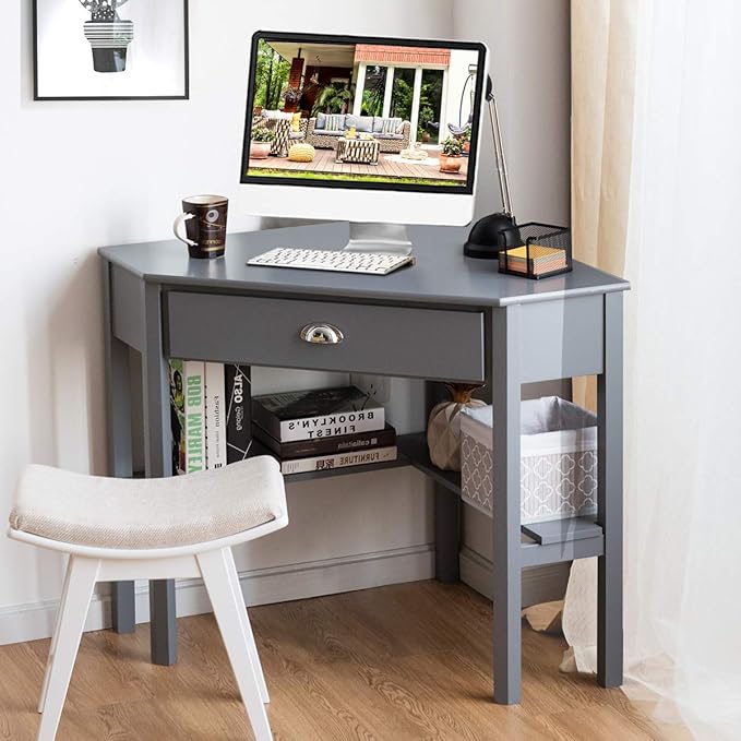Tangkula Corner Desk Corner Computer Desk with Drawer for Small Space Small Corner Makeup Vanity Desk 90 Degrees Triangle Corner Desk with Storage Shelves (Grey)