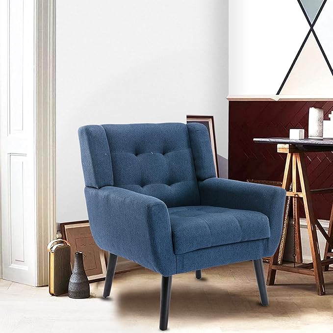 SSLine Linen Accent Arm ChairMid-Century Modern Upholstered Wingback Single Sofa Armchair Club Chair with Solid Wood Legs Thick Cushion for BedroomReadingLiving Room Chair (Blue)