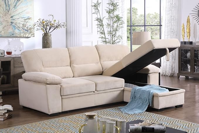 Lilola Home Kipling Beige Velvet Fabric Reversible Sleeper Sectional Sofa Chaise
