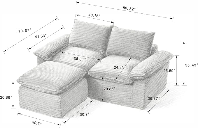 80 Cloud Sectional Couch with L-Shaped Chaise Corduroy Sectional Sofa with Ottoman Boneless Couch with Deep Seat in a Box for Living Room No Assembly Required (White)