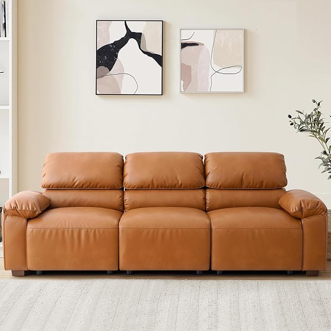 95 3-Seater PU Faux Leather Couch Modular Sectional Sofa Oversized Mid-Century Modern Comfy Couches with Extra Deep Seats Wide Arm for Living RoomOffices Apartments Easy to Assemble Brown | PU Fa