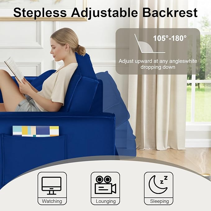 3-in-1 Convertible Sofa Bed 55'' Pull Out Couch Bed with Adjustable Backrest Velvet Fabric Sleeper Loveseat Sofa with Side Pocket Perfect for Living Room Easy Assembly(Blue)