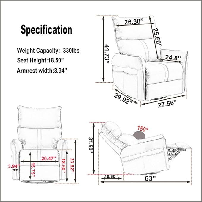 Electric Recliner Chairs for Adults Power Swivel Rocker Recliner Chairs &amp Nursery Glider Recliner with USB Pockets PU Leather Lazy Boy Recliner Chair &amp Small Recliners for Small Spaces (Bla