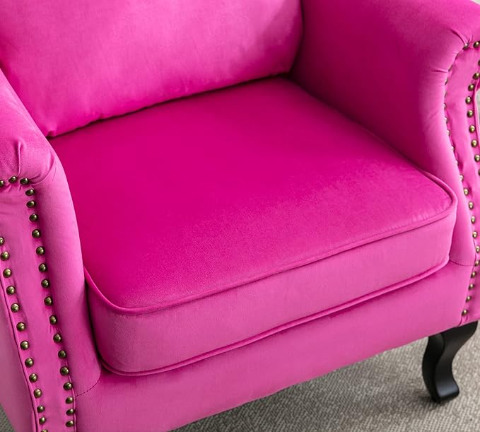 Mid Century Modern Accent Chair Upholstered Armchair Comfy Velvet Fabric Single Sofa with Lined Wingback for Small Spaces Bedroom Living Room Velvet Hot Pink