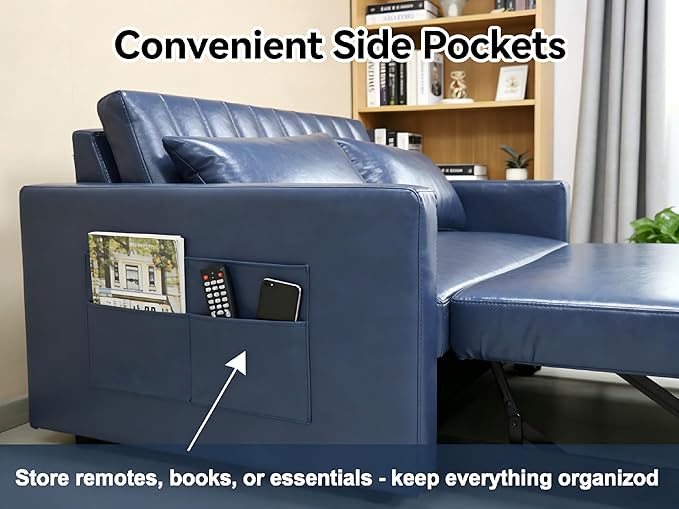 55'' Leather Sofa Bed Pull Out Sleeper Sofa Couch Bed Loveseat Sleeper Futon Sofa Couch with Side Pocket Convertible Sofa Bed for Living Room Apartment Bedroom RV Blue