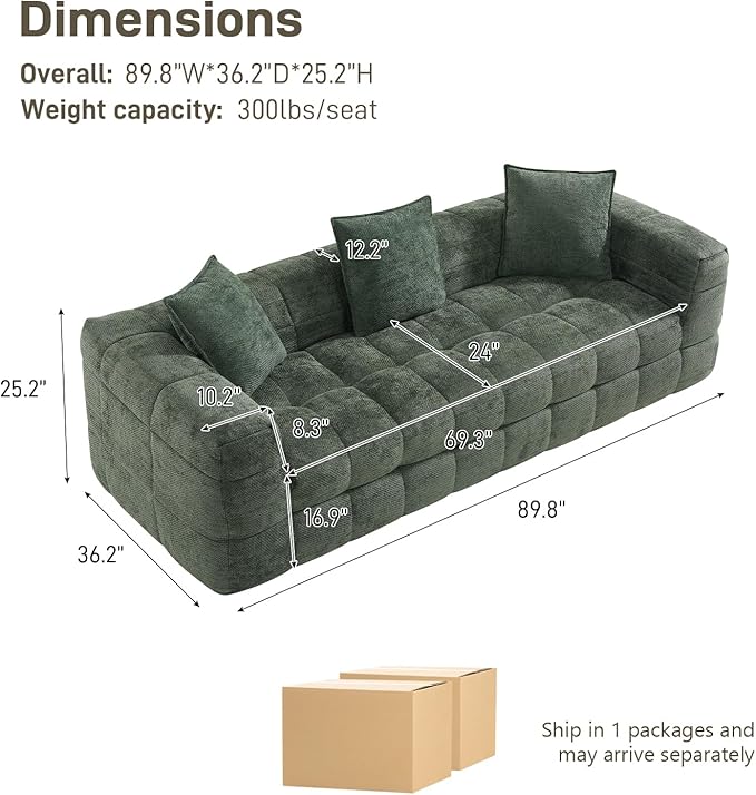 89.8 Boneless CouchComfy Cloud Sectional Sofa with Deep SeatModern Upholstered Chenille Love Seat Sofa Oversized Couches for Living Room No Assembly Required Tufted Sofas Green