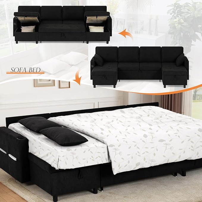 110 Inch Sleeper Sofa Bed w/7 Angles Adjustable Backrests Fabric sectional Sofa Bed w/USB Port Convertible U-Shaped Couch Bed w/Storage Chaise &amp Thicker Cushions for Living Room Black
