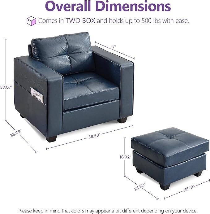 TYBOATLE Oversized Accent Chair with Ottoman Wide Chaise Lounge Chair Indoor Mid Century Modern Armchair with Pockets Leather Comfy Chairs for Bedroom Living Room Office (Blue)