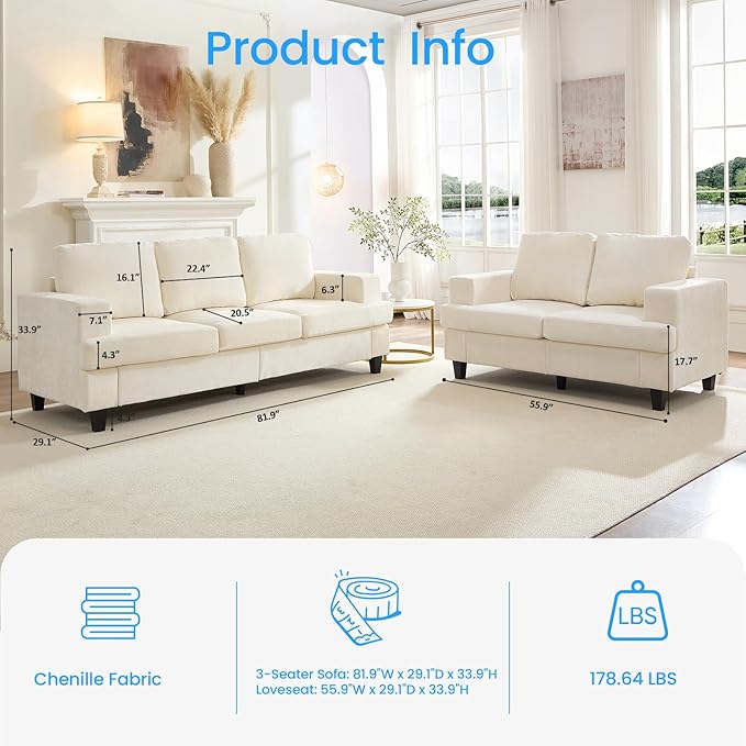 PUREMIND 2 Piece Living Room Sofa Set Chenille Upholstery 3 Seater Couch and Loveseat Set Solid Wood Frame Modern Sectional Couches for Living Room Office Apartment