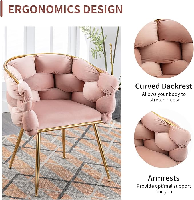 NIOIIKIT Modern Velvet Dining Chairs Set of 2 Hand Weaving Upholstered Vanity Chairs with Gold Metal Legs Leisure Single Sofa Armchairs Comfy Accent Chairs for Living Room Bedroom (Pink)