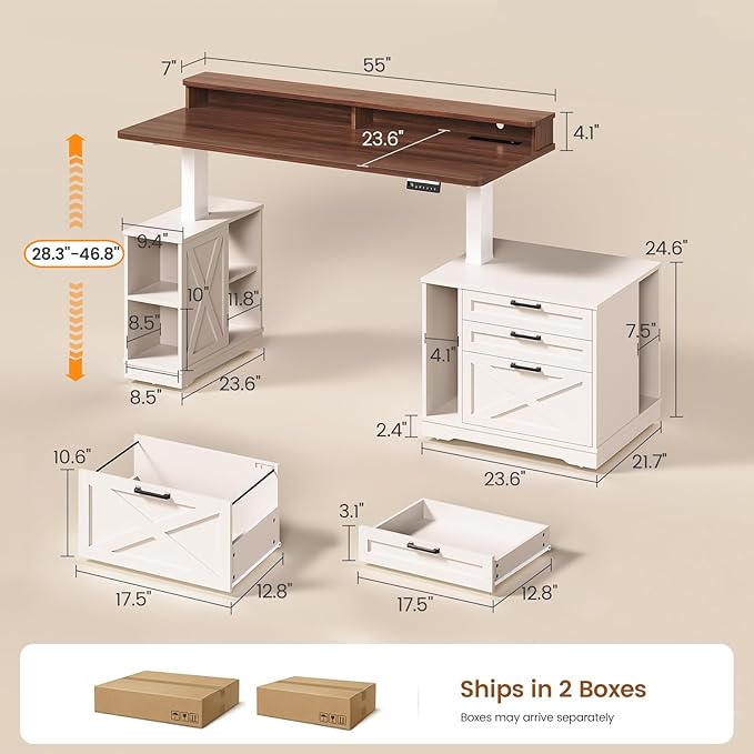 SEDETA Farmhouse Electric Standing Desk 55 Height Adjustable Computer Desk with 3 Drawers File Cabinet Storage Shelves Power Outlets Wood Home Office Desk for Work Study Writing White