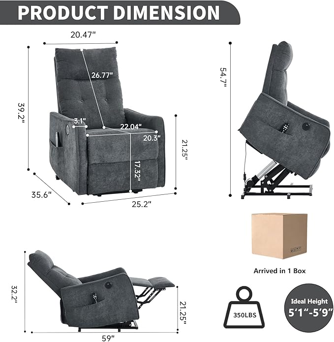 Small Power Lift Chair Recliner for Elderly Petite Power Recliner Chair with Massage and Heat | USB | High Back | Push Button | Side Pockets Liviing Room Easy Assembly (Chenille Dark Grey)