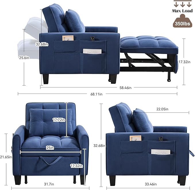 Convertible Sleeper Chair 3 in 1 Sleeper Chair Bed Pull Out Sofa Bed Chair Single Sofa Bed Adjustable Backrest Chairs Bed Sleeper for Adults Reading Living Room Bedroom Velvet Blue