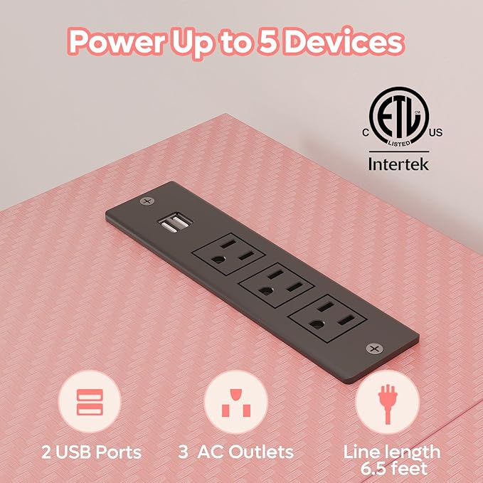 Bestier 52 Gaming Desk with Integrated Power Outlet &amp USB Ports L-Shaped Computer Desk with LED Strip &amp Headphone Hooks Perfect for Home Office Pink