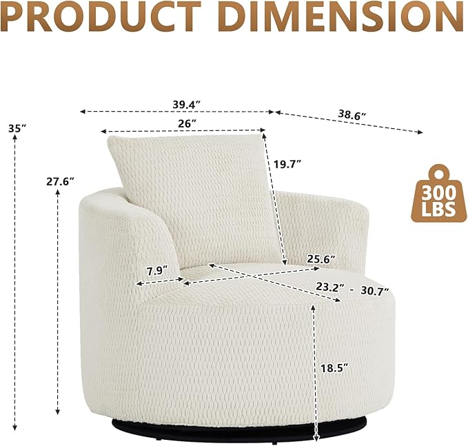 mikibama Swivel Accent Chair 360° Round Swivel Barrel Chair with Pillows Upholstered Corduroy Armchair Sofa Chair for Living Room Bedroom Reading Room Cream