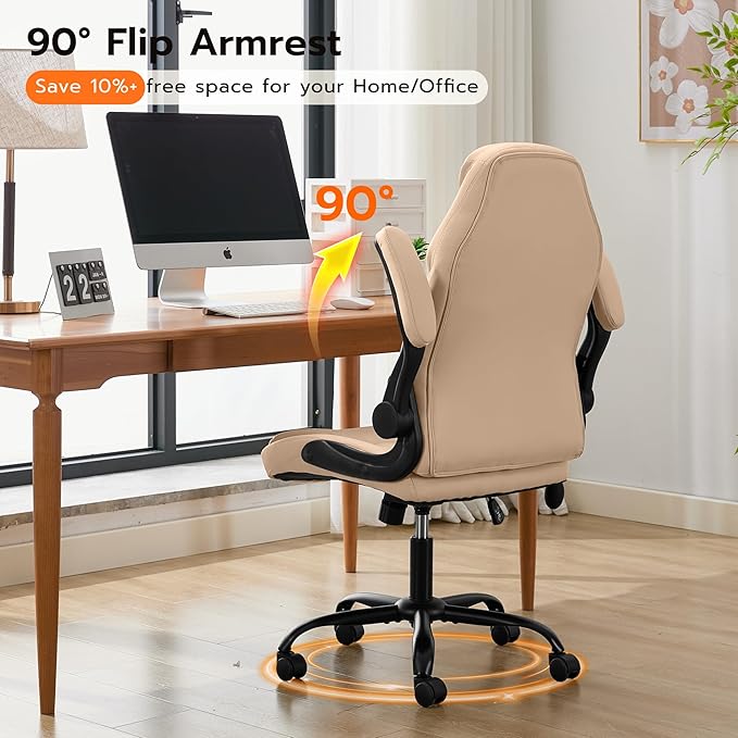 Office Desk Chair Ergonomic Computer Chair with Padded Flip-Up Arms and Adjustable Lumbar Support PU Leather Executive Chair with Tilt Lock and 360° Swivel Rolling Wheels for Work Study